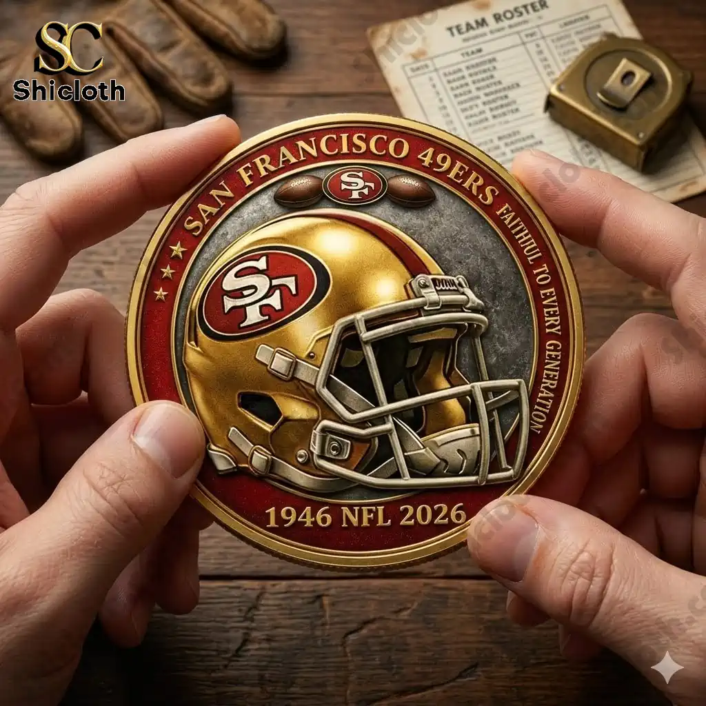 San Francisco 49ers anniversary coin with gold helmet held in hands