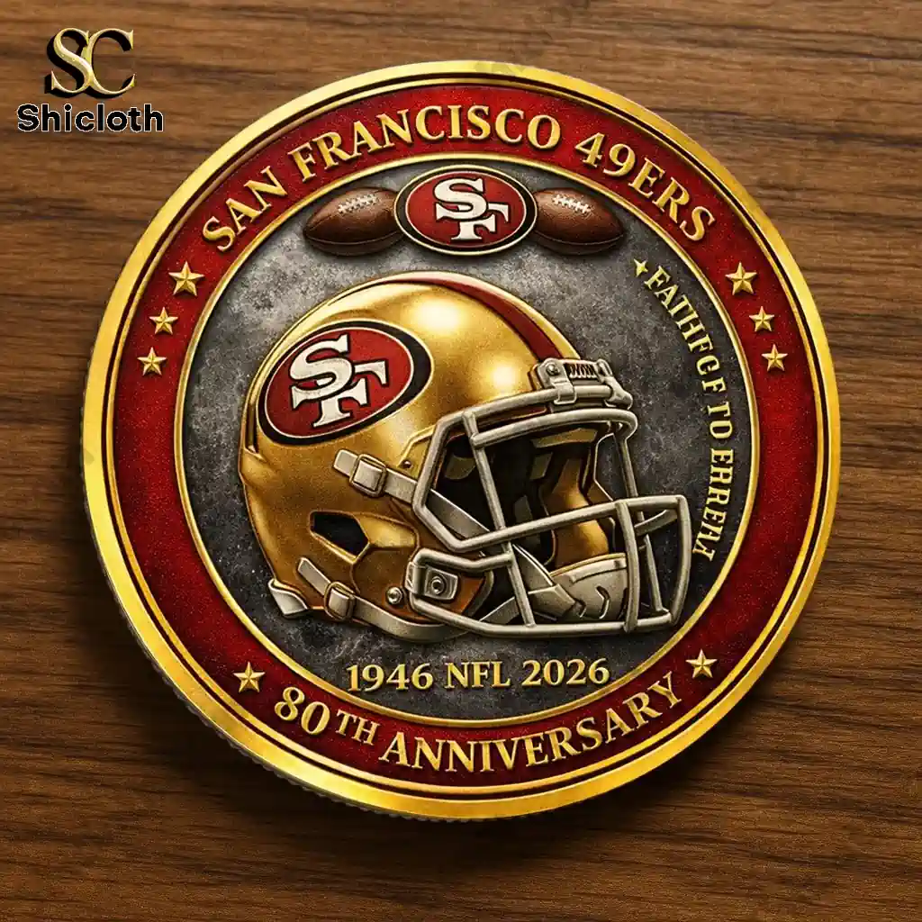 Close up of San Francisco 49ers 80th anniversary coin front design