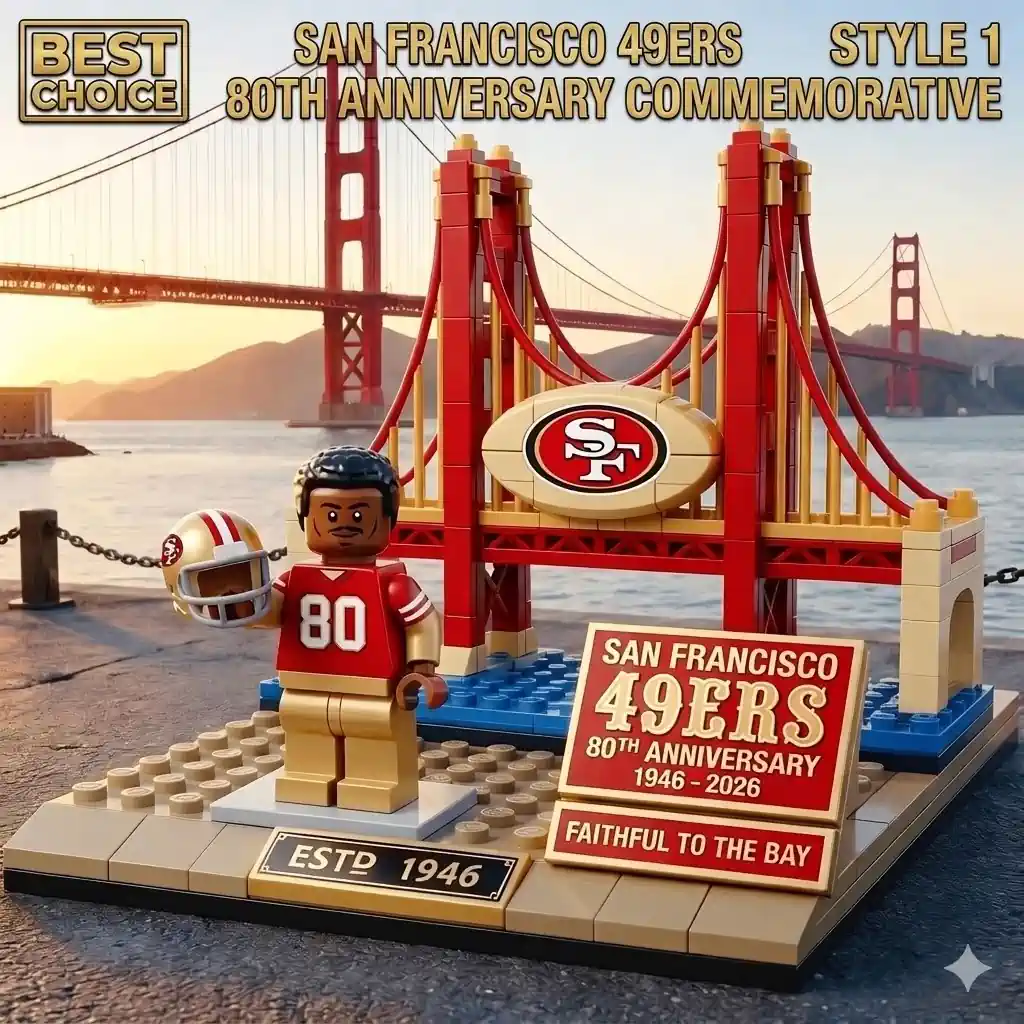 Building block display of Golden Gate Bridge with San Francisco Forty Niners player figure and team emblem!