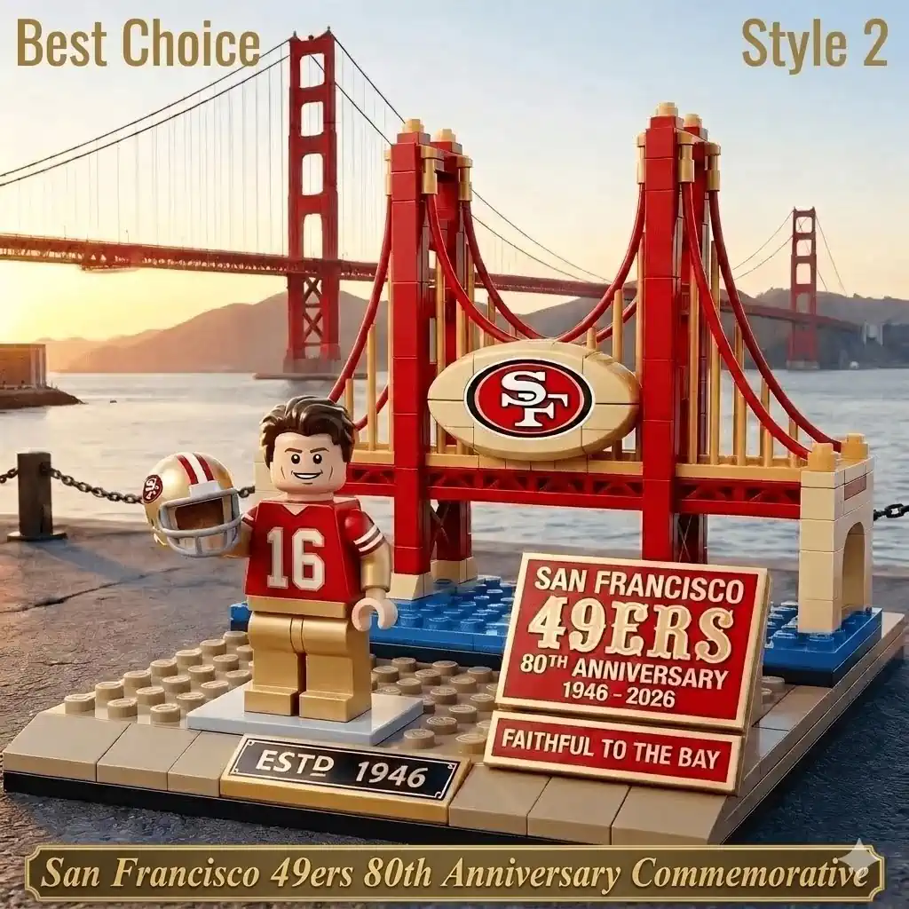 Golden Gate Bridge themed building block set with San Francisco Forty Niners player figure wearing red jersey number sixteen!