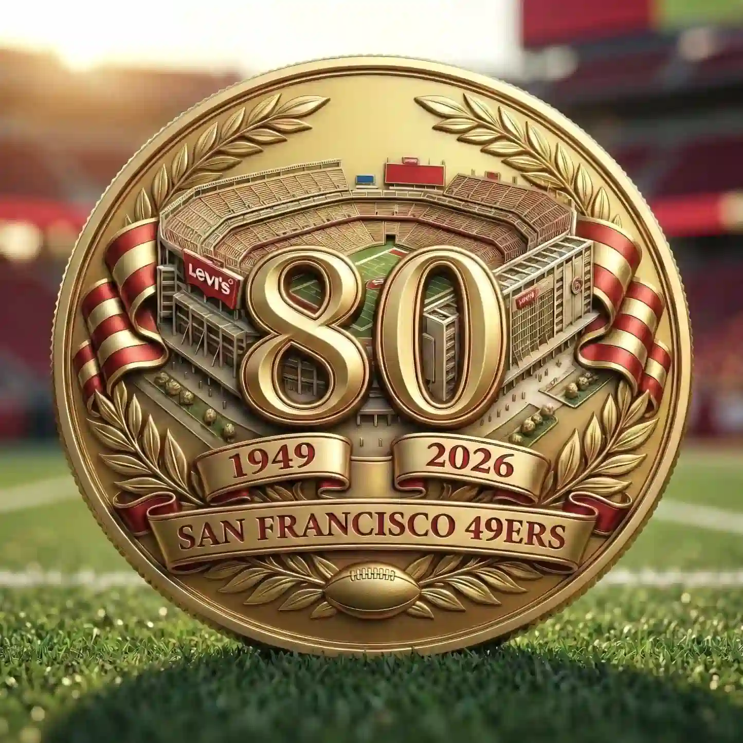 San Francisco Forty Niners eightieth anniversary commemorative coin showing stadium design collectible from Shicloth!