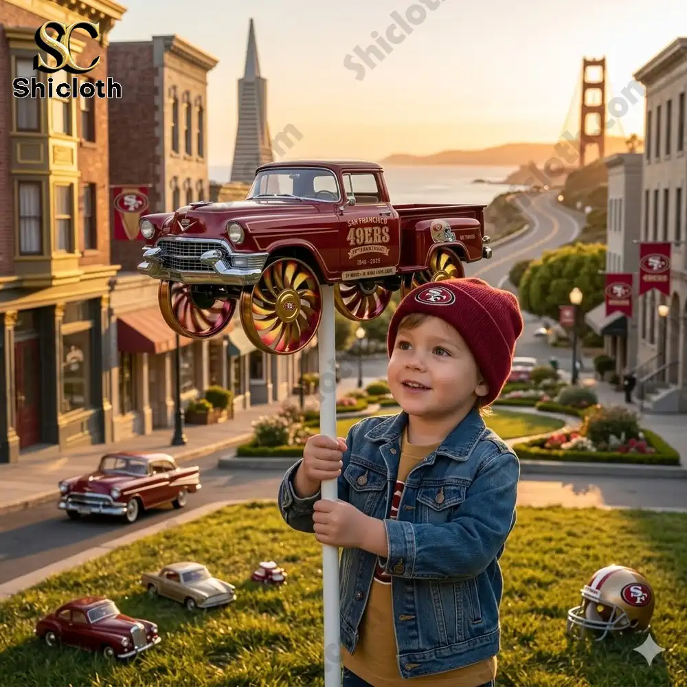 Boy holding San Francisco 49ers truck wind spinner in city street