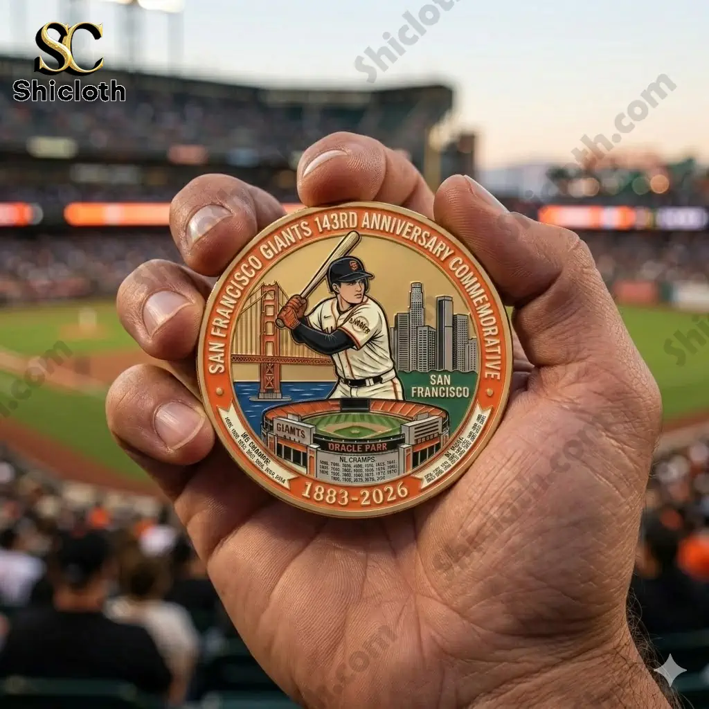 Hand holding San Francisco Giants anniversary commemorative coin at baseball stadium by Shicloth!