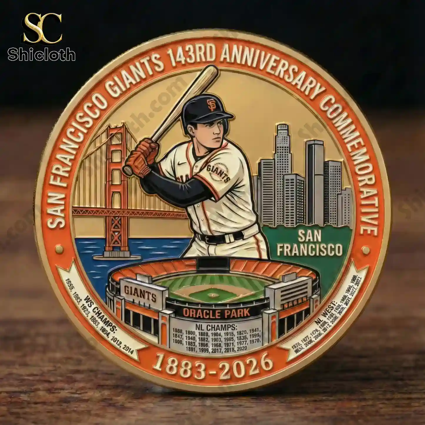 Close view of San Francisco Giants anniversary commemorative coin with stadium and city design by Shicloth!