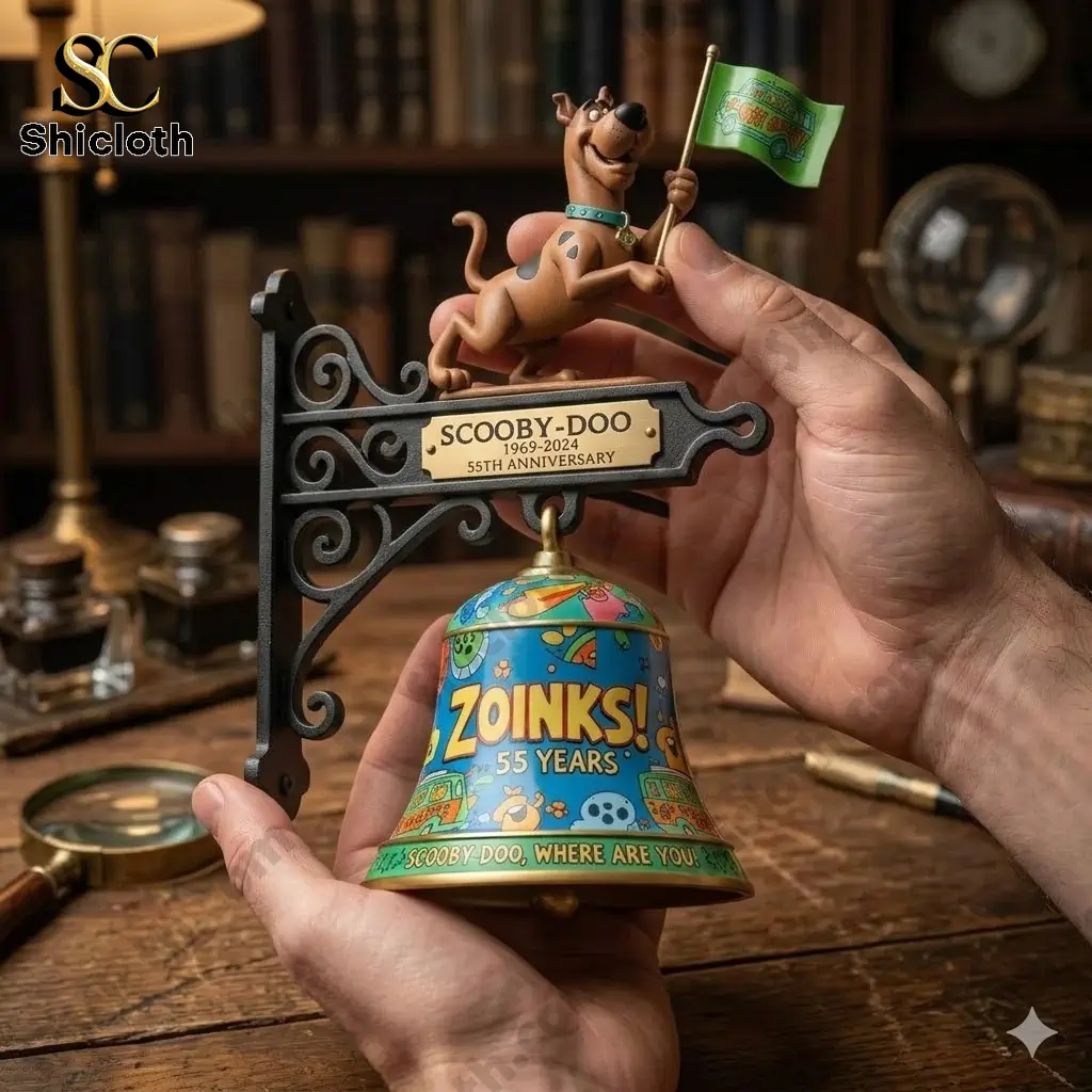 Scooby Doo 55th anniversary wall bell held in hands with Shicloth logo visible