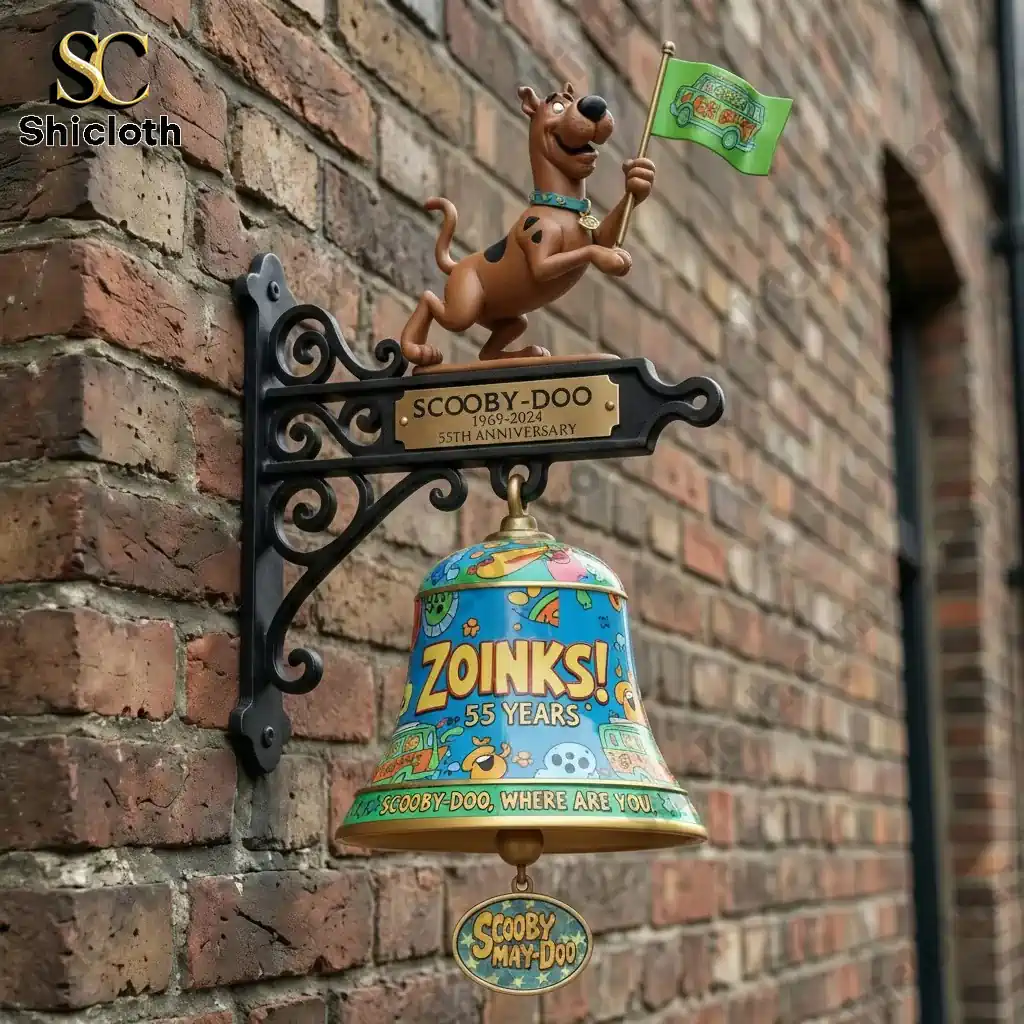 Scooby Doo 55th anniversary wall bell mounted on brick wall by Shicloth