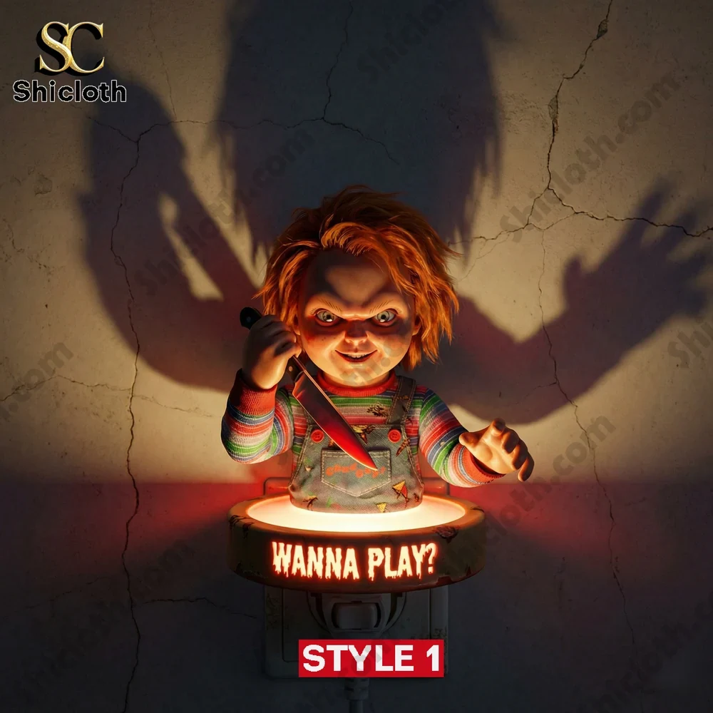 Creepy doll holding knife glowing red light