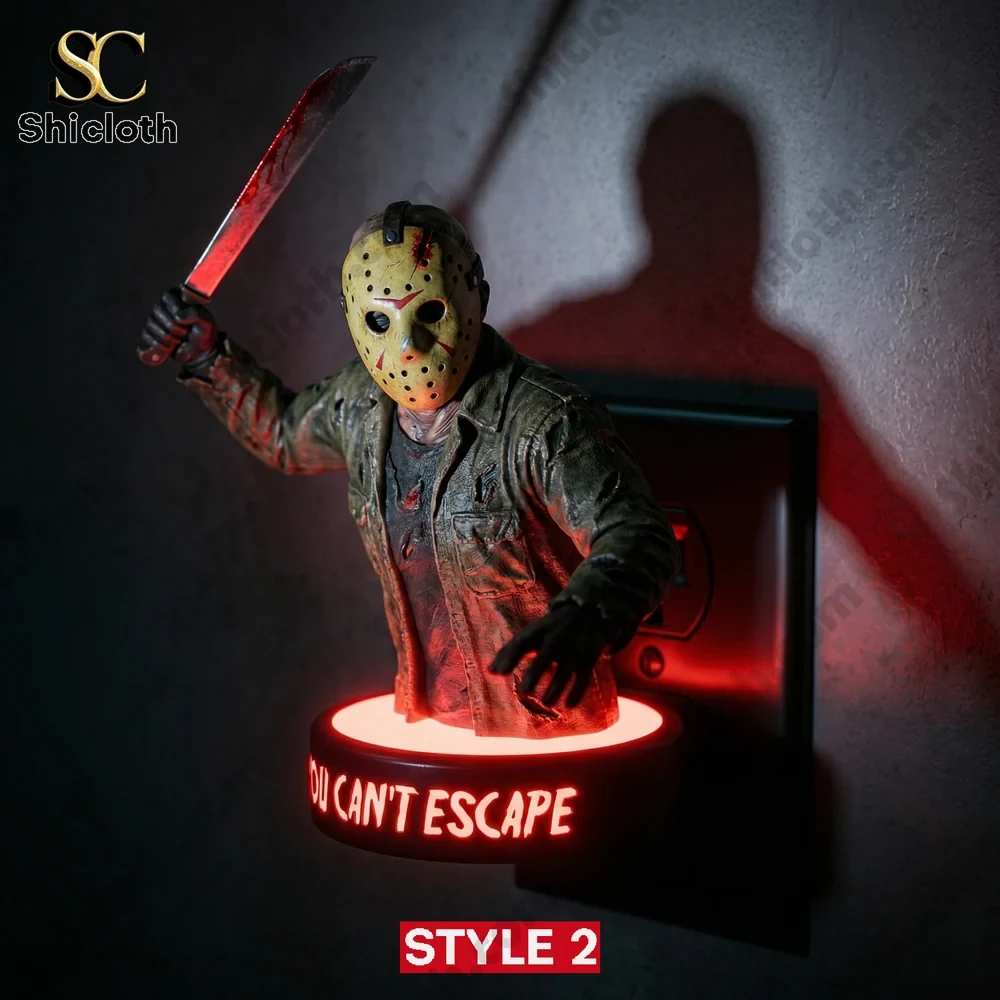 Masked killer holding knife red glowing night light