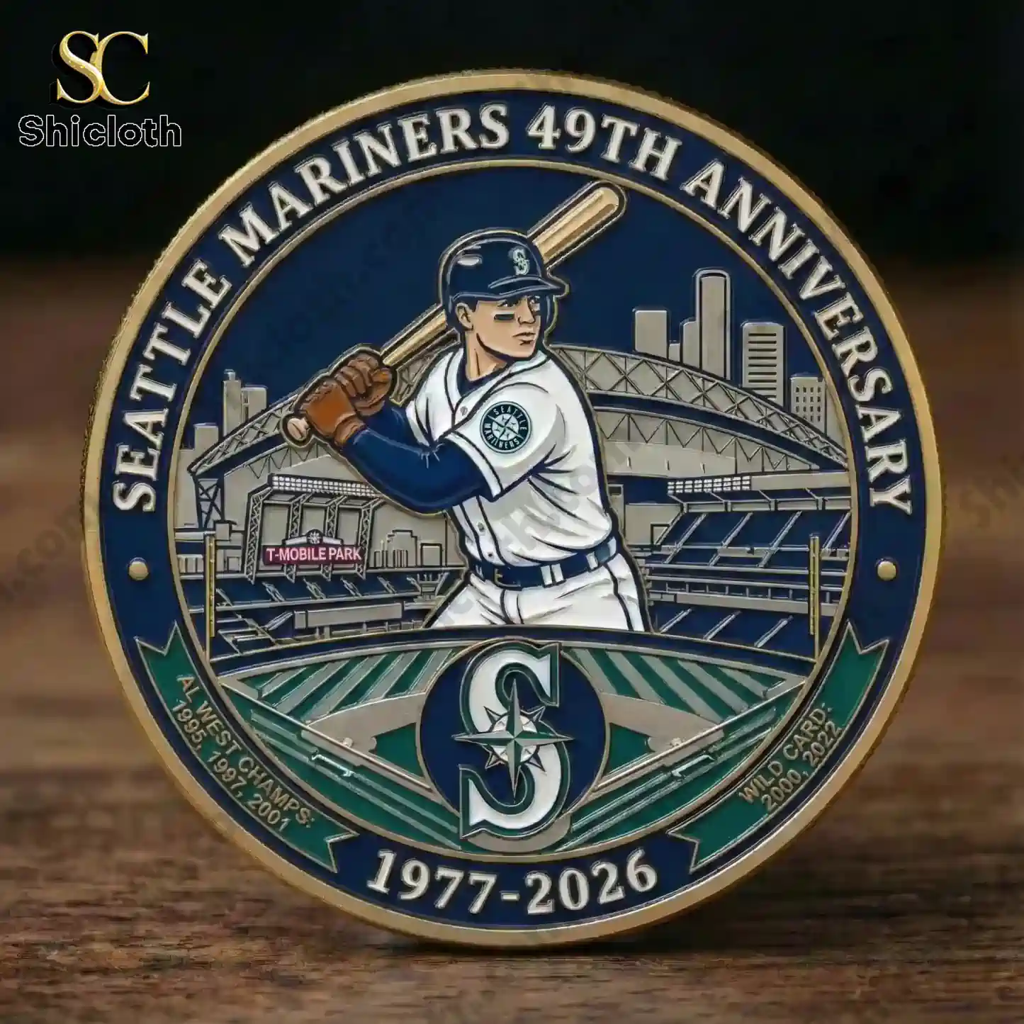 Close view of Seattle Mariners anniversary coin with baseball player design!