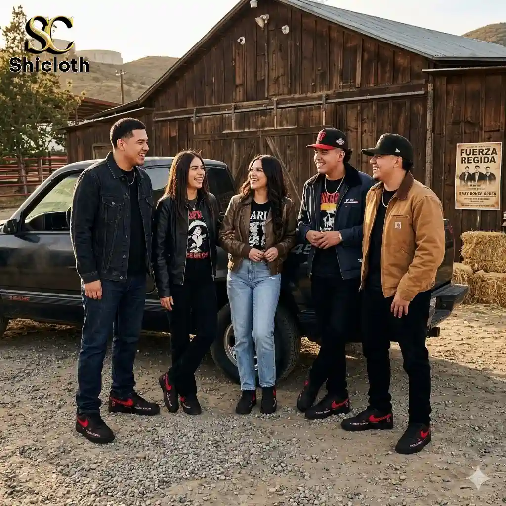 Five band members standing by a pickup truck in front of a wooden barn promoting Shicloth shoes.
