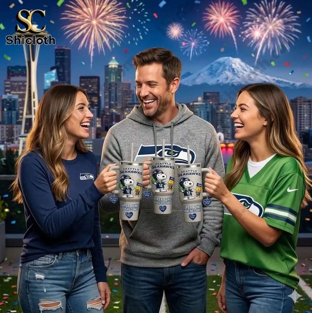 Three Seattle Seahawks fans hold team tumbler cups and celebrate together with Seattle skyline and fireworks!