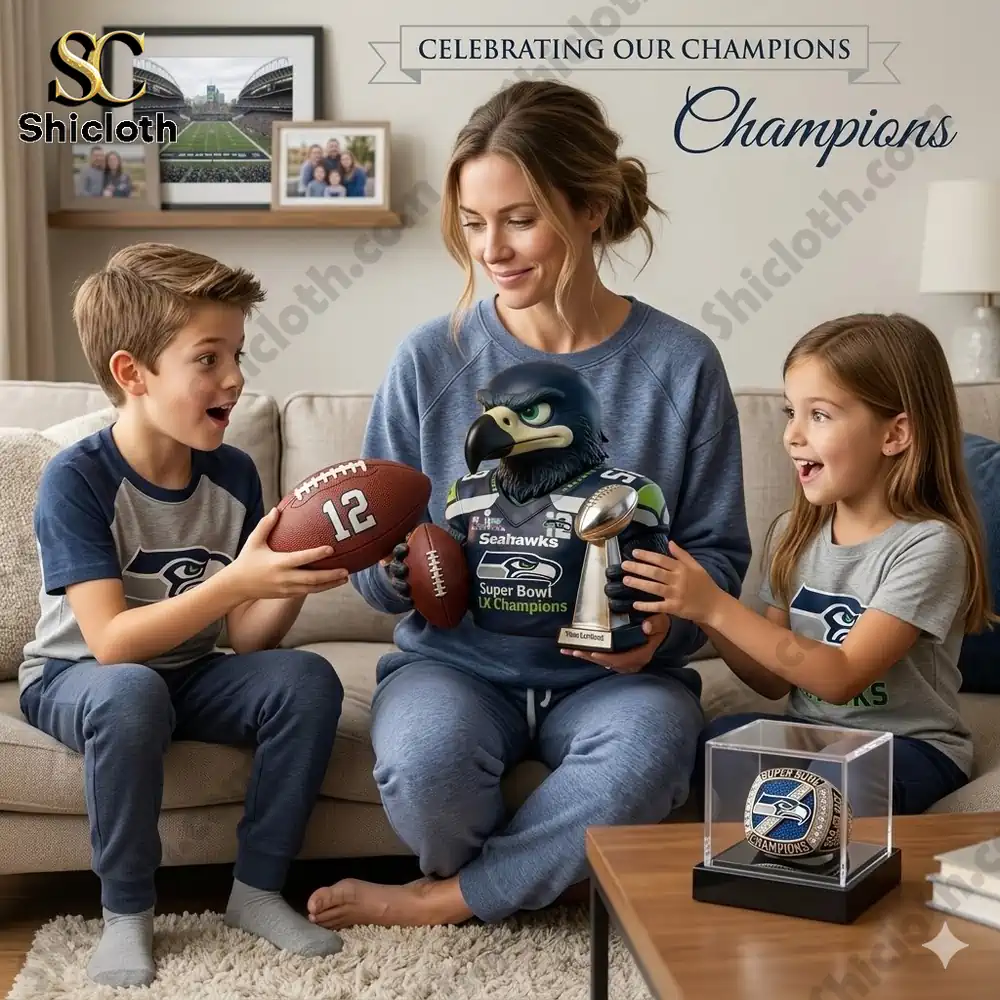 Family admiring champion eagle football resin figure on living room sofa by Shicloth!