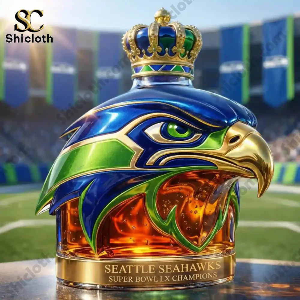 Close-up of a Seattle Seahawks whiskey bottle with a crown on top, commemorating Super Bowl LX 2026.