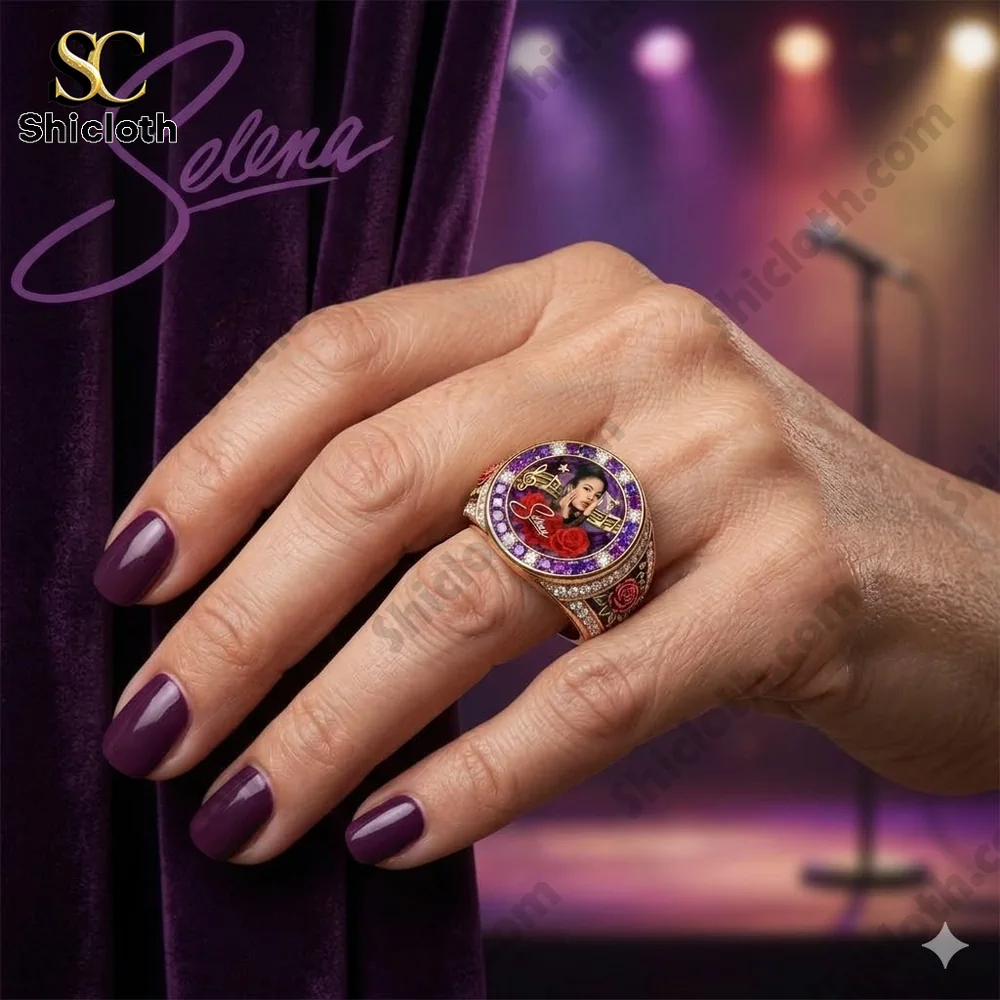 Purple gemstone ring with Selena portrait worn on hand!