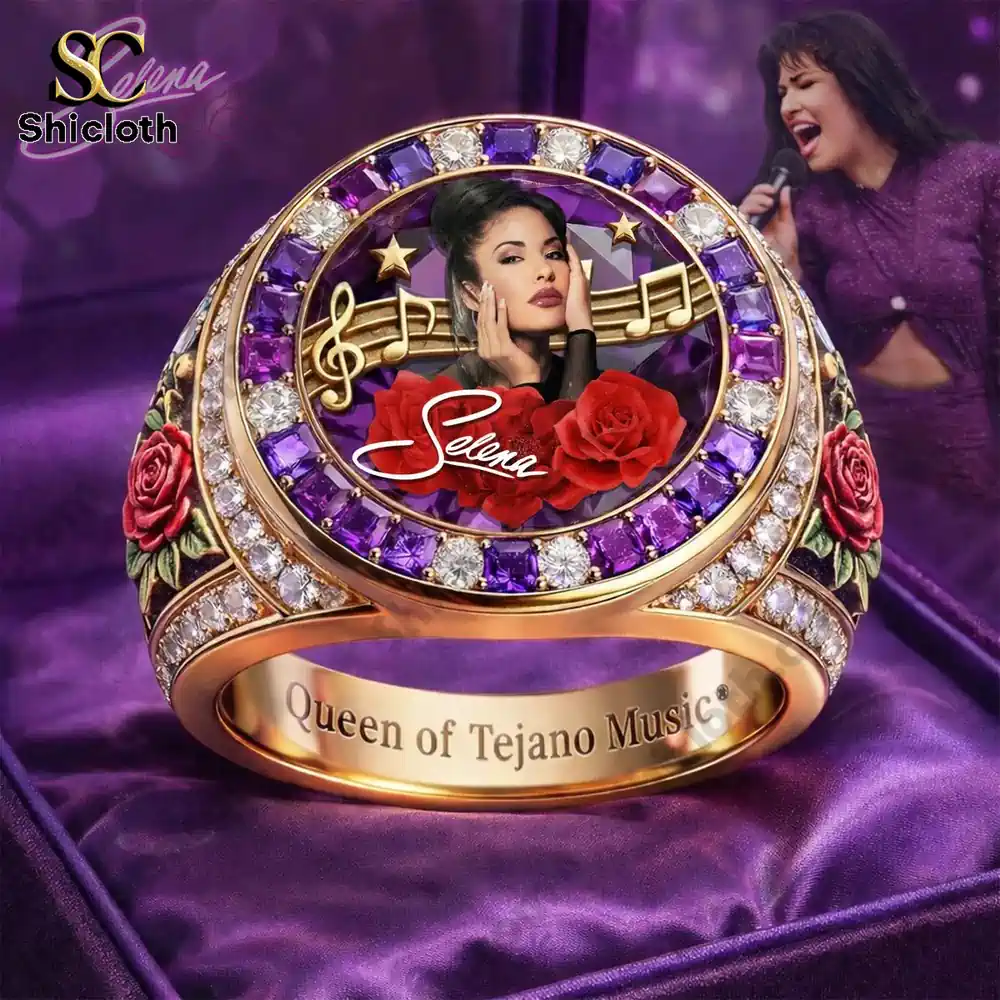 Close up Selena tribute ring with purple stones and music theme!