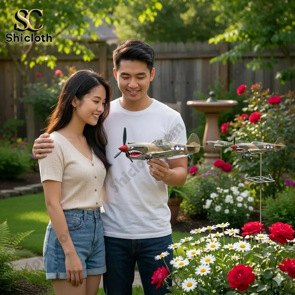 Couple holding warplane wind spinner in garden