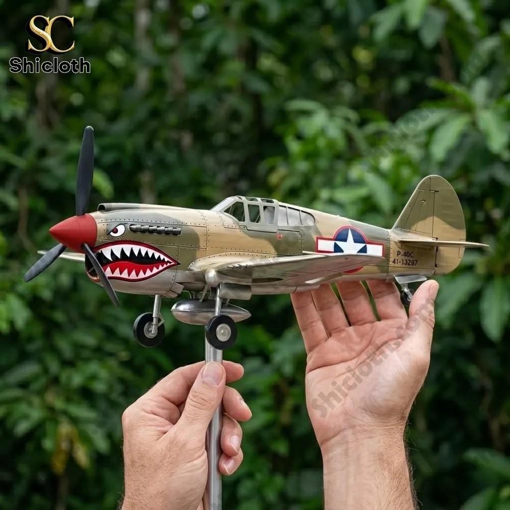 Hand holding shark mouth warplane wind spinner close view