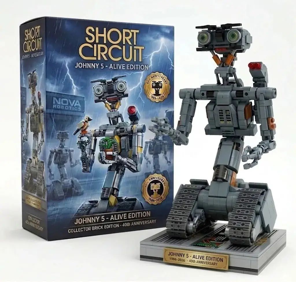 Johnny 5 robot brick model with box on clean white background!