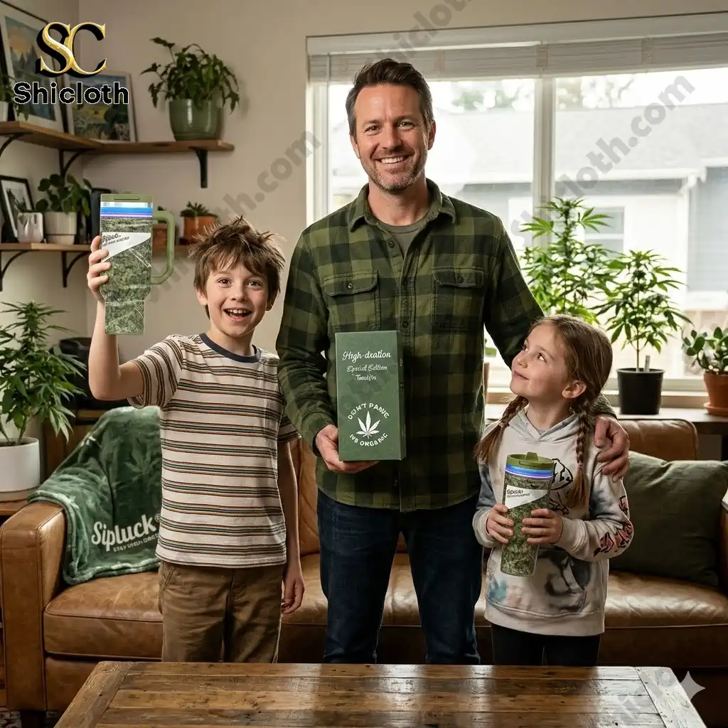 Father and two children holding SipLuck Stay High Drated High Dration Special Edition 40oz Tumbler in a cozy living room!