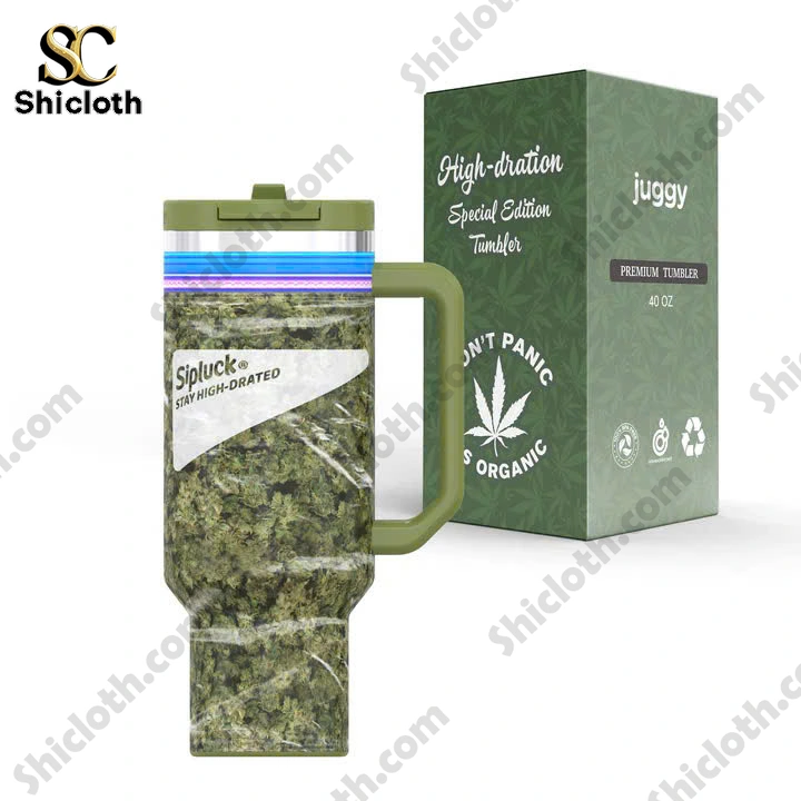 Close up of SipLuck Stay High Drated High Dration Special Edition 40oz Tumbler with green packaging box!