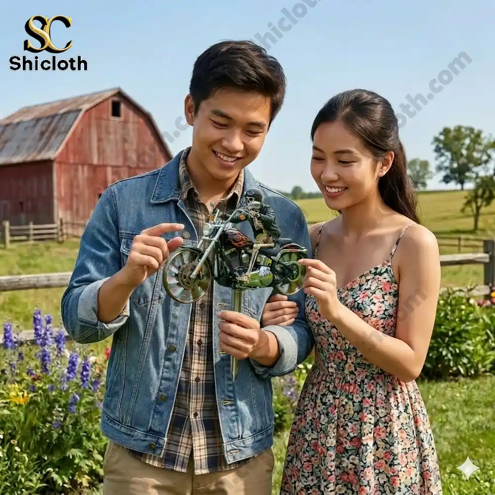 Couple holding skeleton motorcycle garden spinner in flower field!