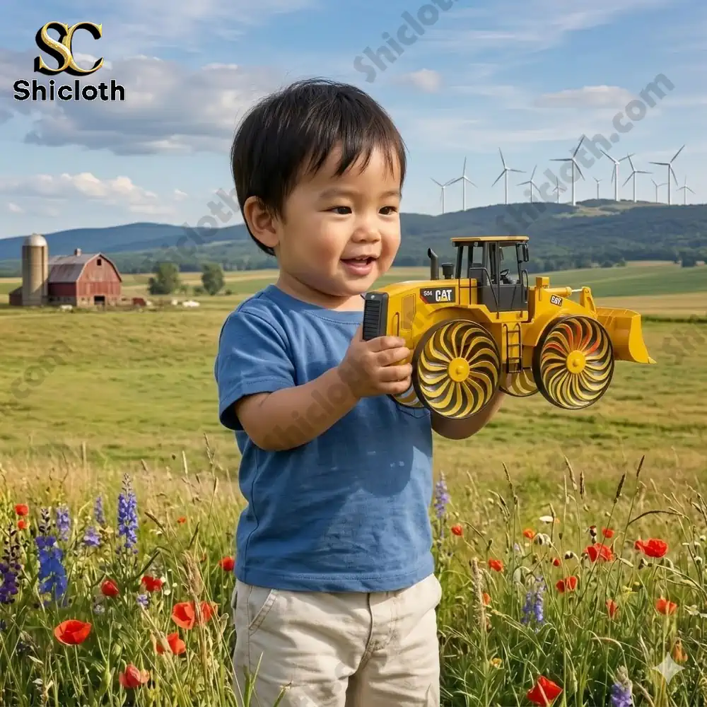 Yellow bulldozer wind spinner on a pole in a flower field