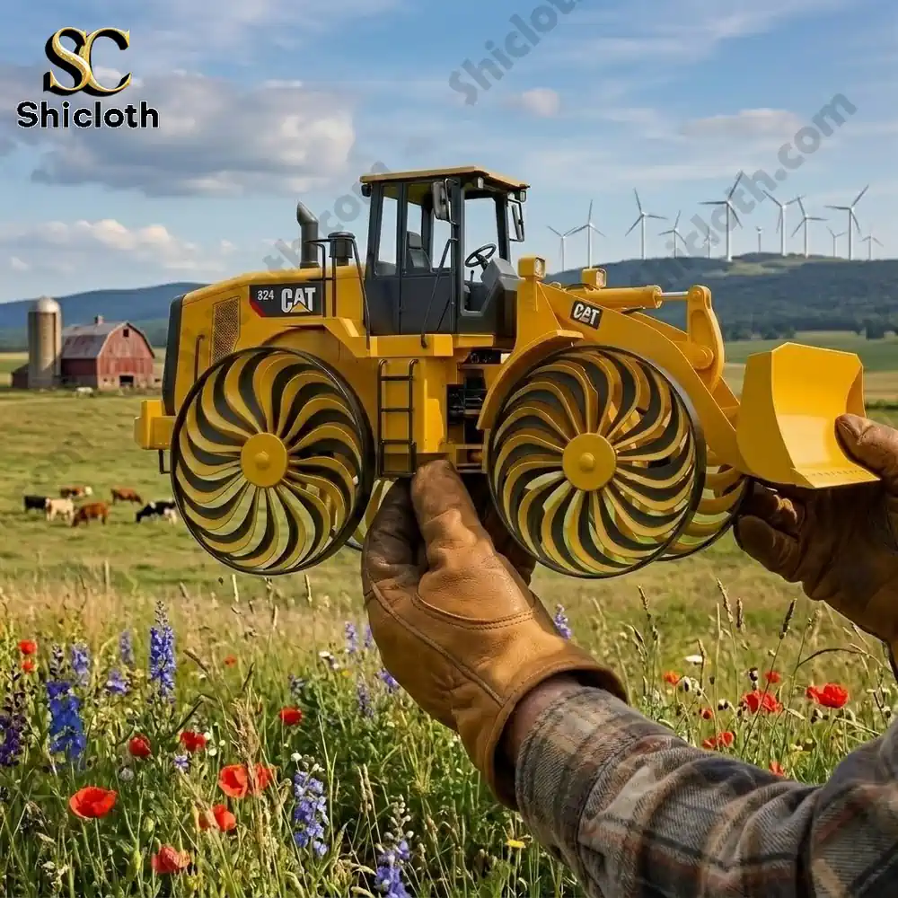 Child holding a small bulldozer wind spinner toy in a flower field