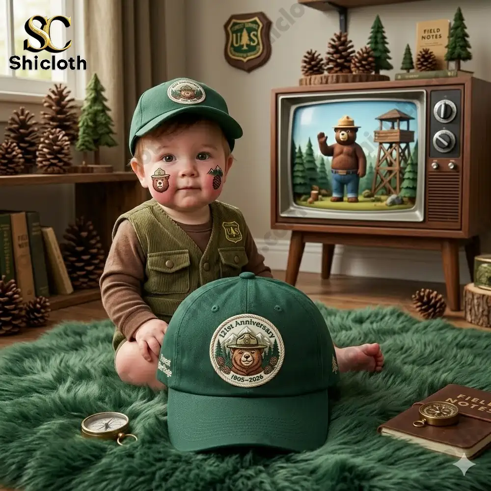 Baby wearing green forest heritage cap sitting in woodland themed room