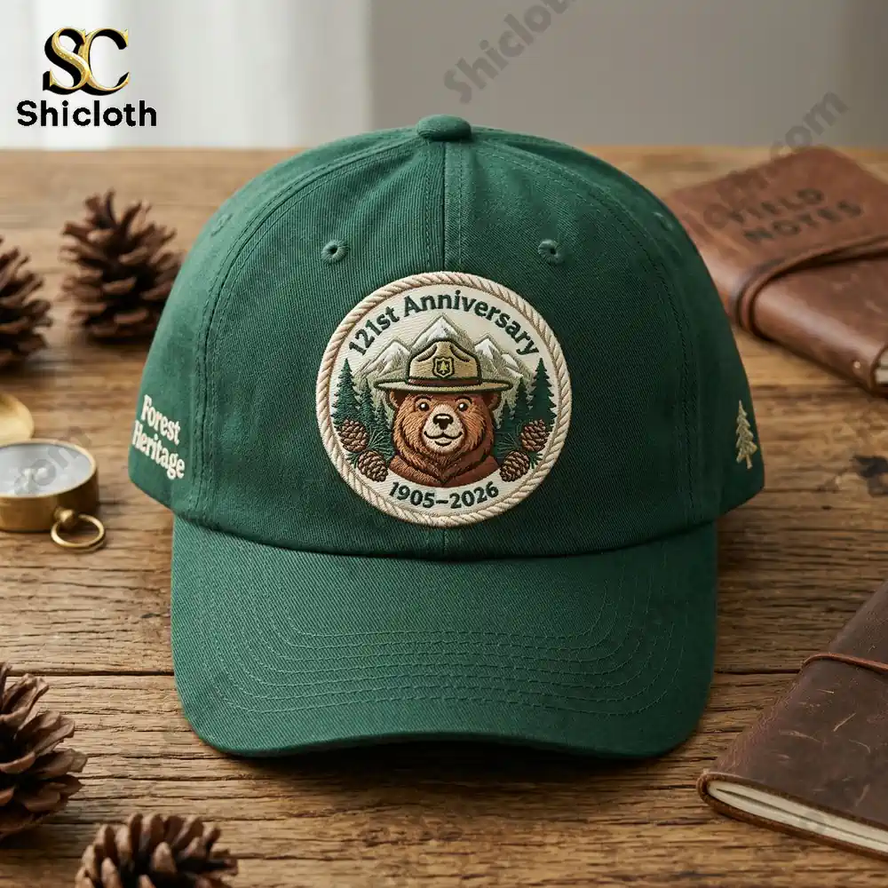 Green forest heritage cap with embroidered bear anniversary badge on wooden table