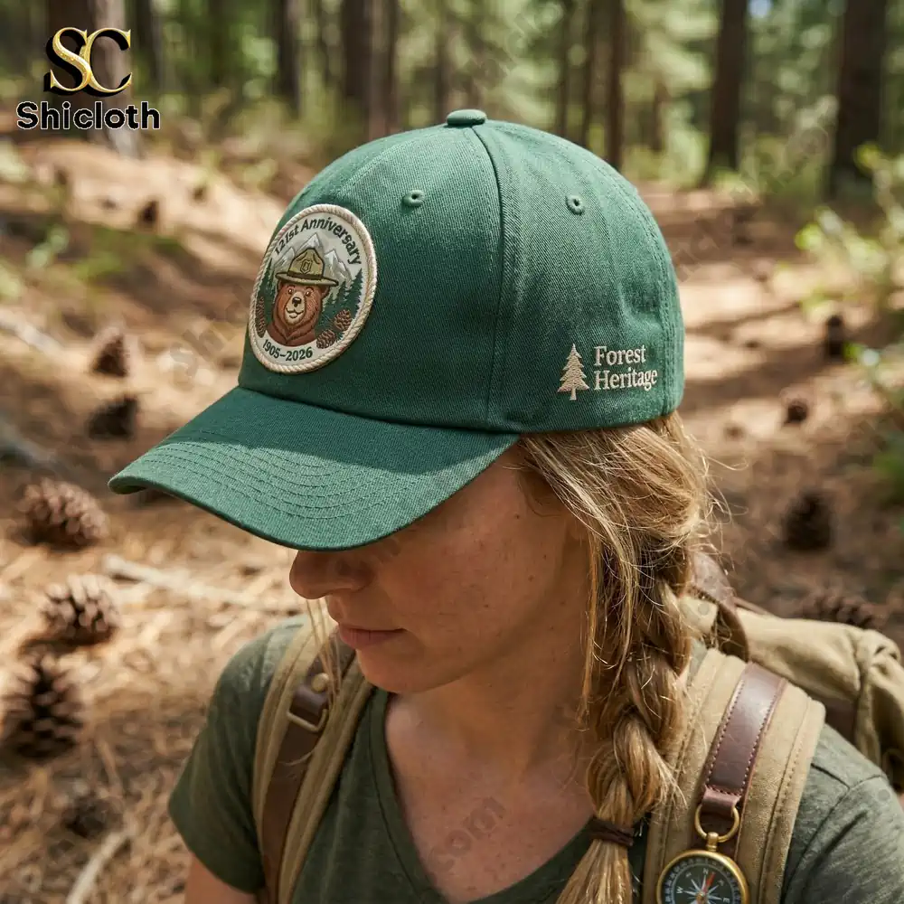 Smokey Bear 121st Anniversary Cap Bear Hat 3 Woman wearing green forest heritage cap hiking in forest setting