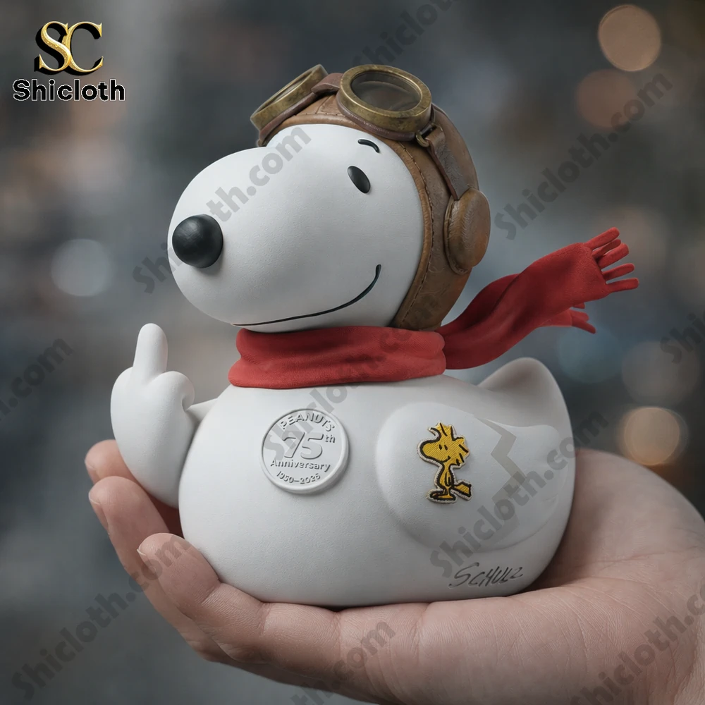 Hand holding snoopy flying ace peanuts anniversary resin duck with aviator helmet by Shicloth!