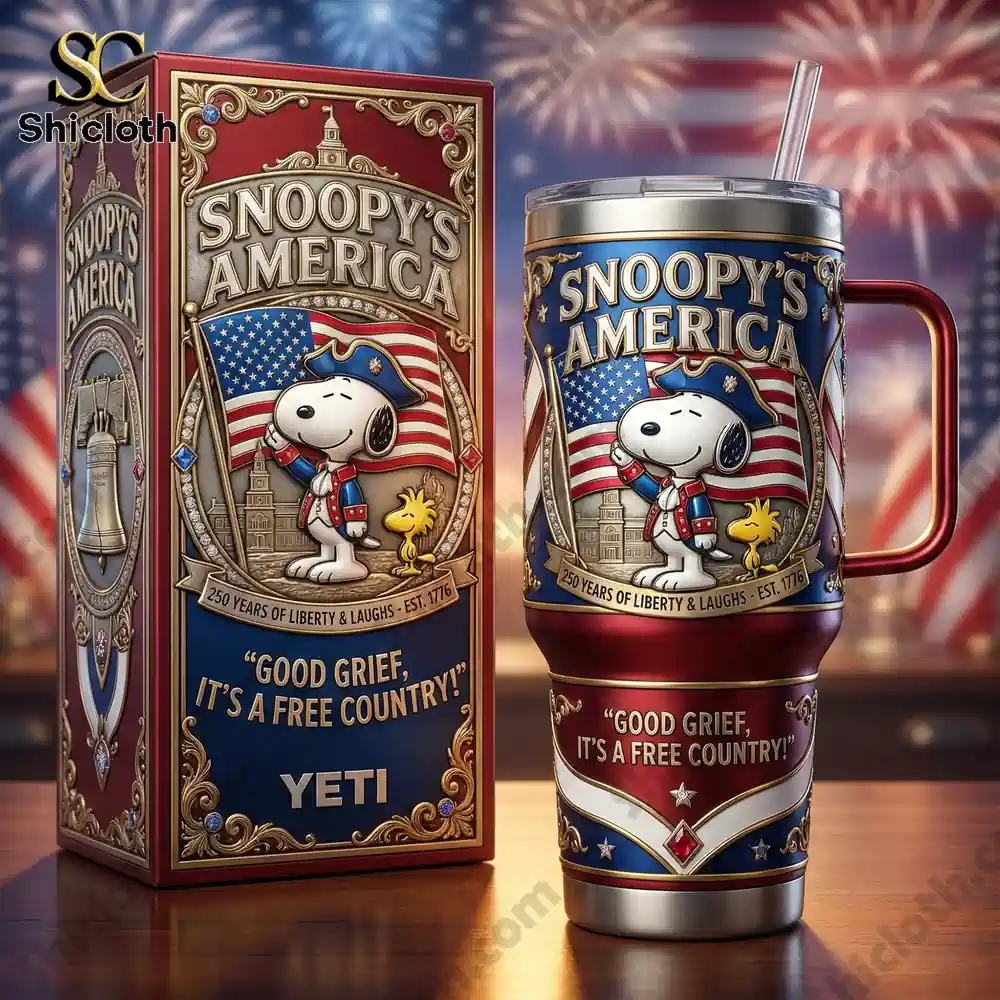 Snoopy America anniversary tumbler with product box and fireworks background by Shicloth!