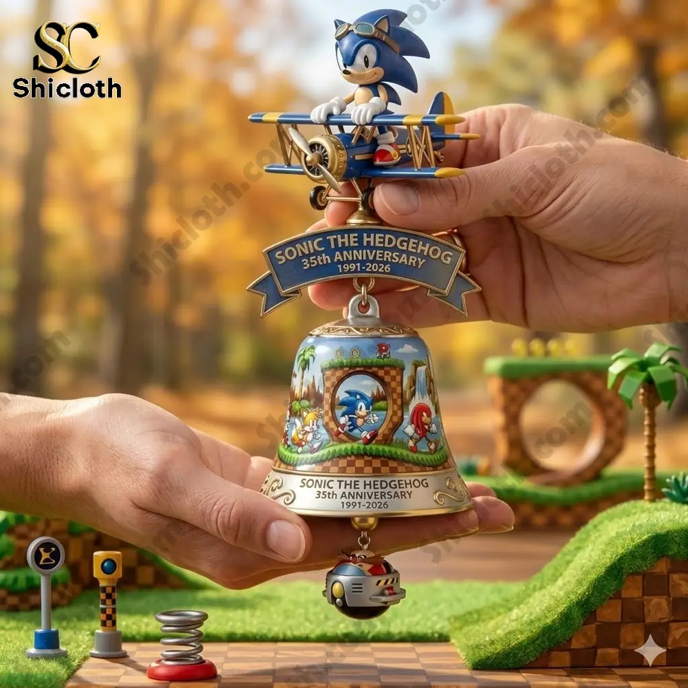 Sonic hedgehog anniversary wall bell with sonic figure flying plane held in hands!