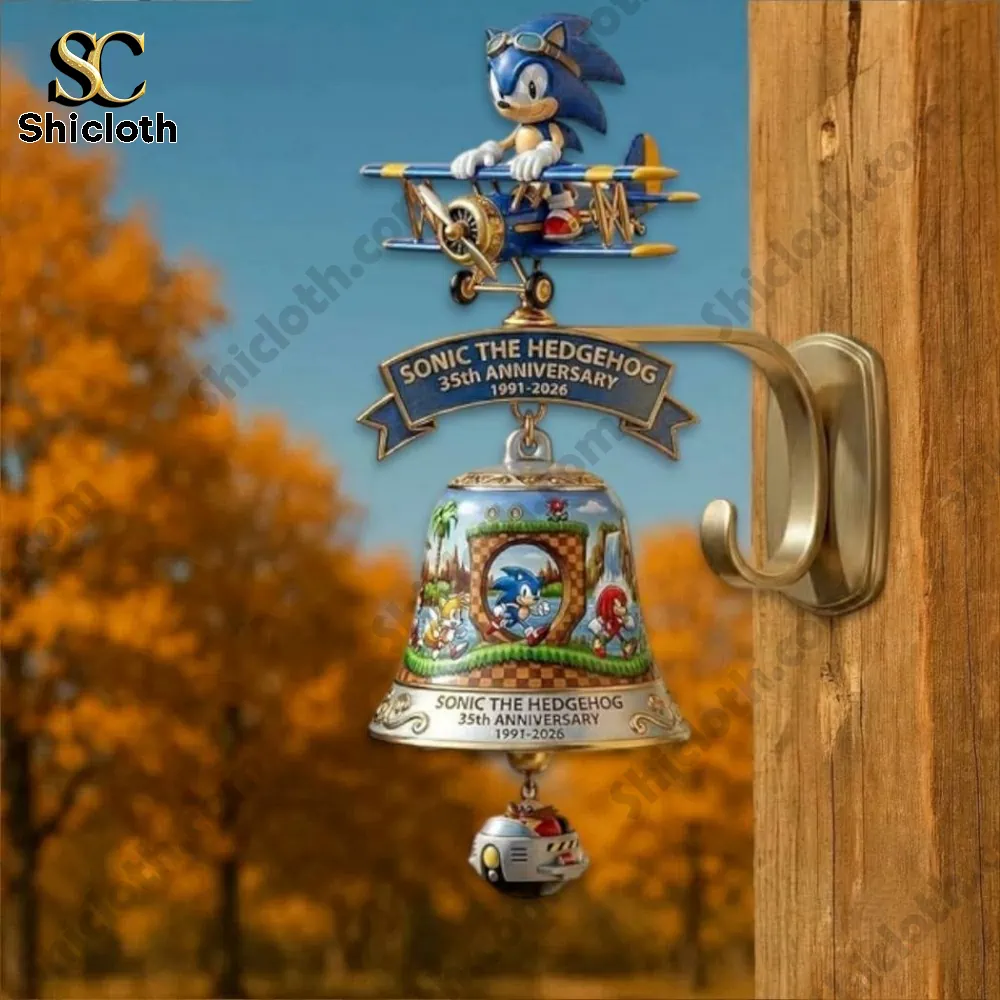 Sonic hedgehog anniversary wall bell hanging on wooden hook with sonic plane figure!