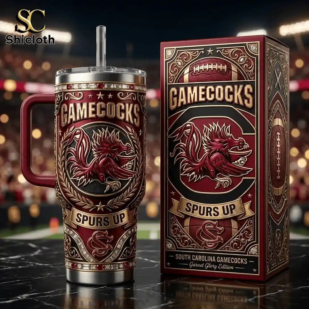 Gamecocks tumbler with ornate design and matching box on stadium background!