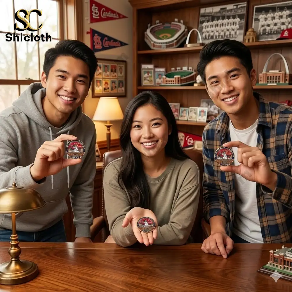 Friends holding Cardinals anniversary commemorative coin in sports themed room!
