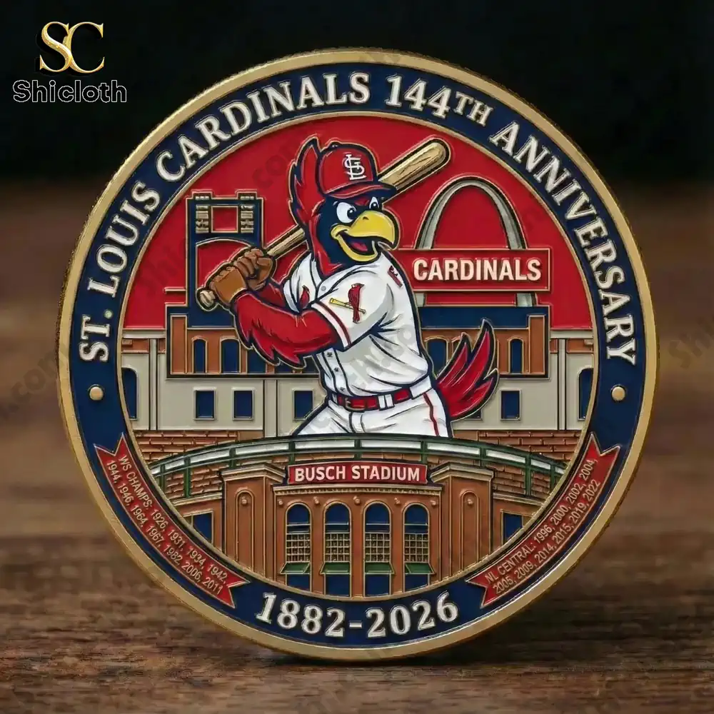 Close view of Cardinals anniversary commemorative coin with mascot and stadium design!