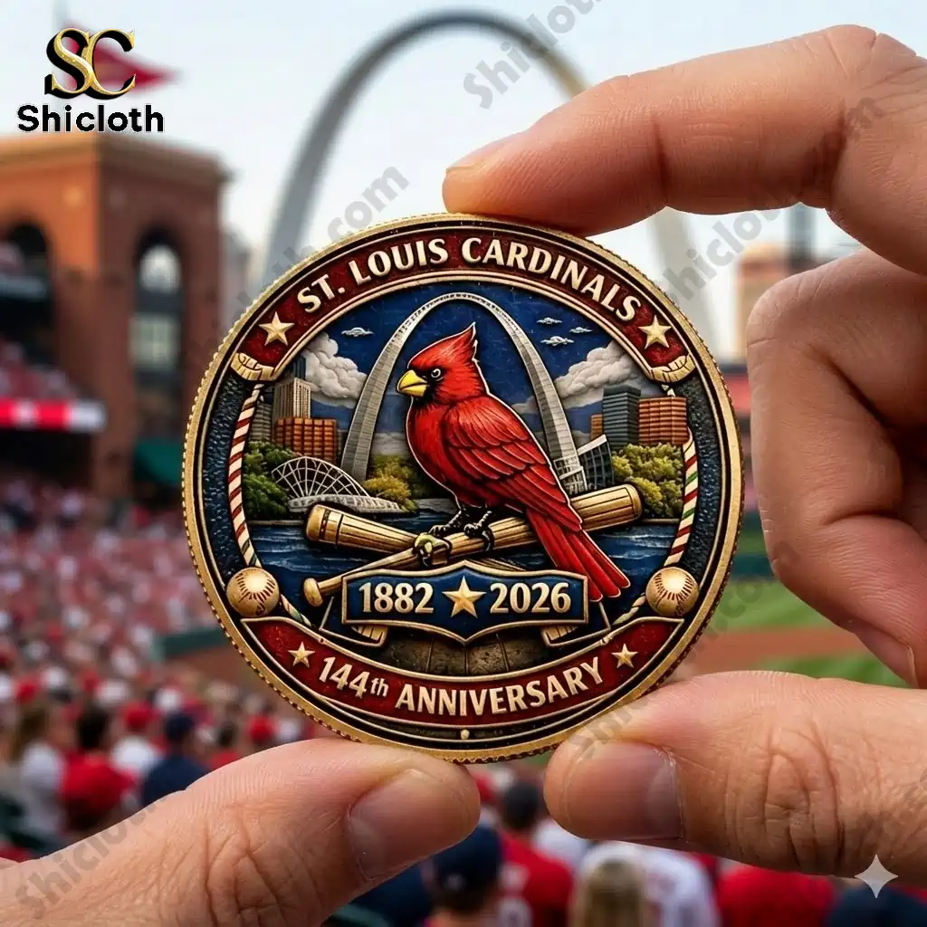 St Louis Cardinals commemorative coin held by hand with Gateway Arch stadium background