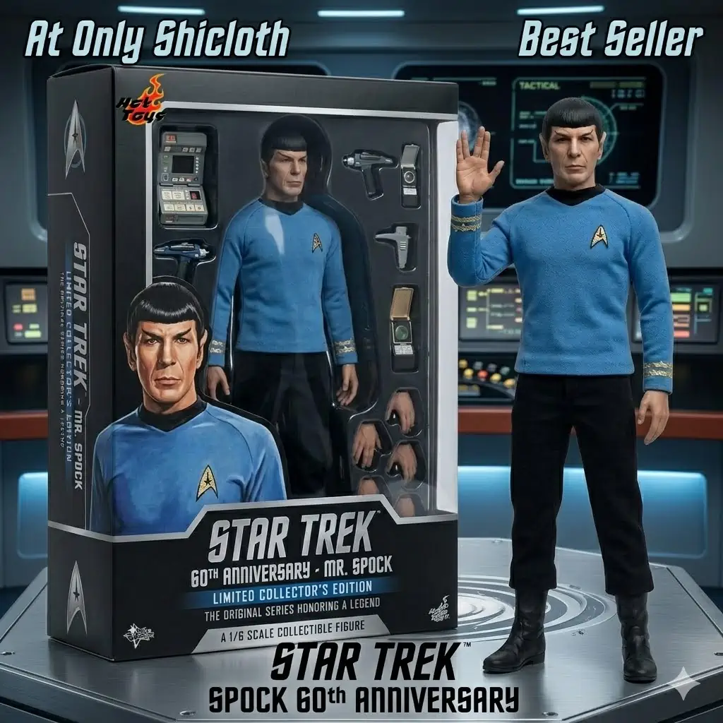 Spock collectible figure posed with box in futuristic setting from Shicloth!