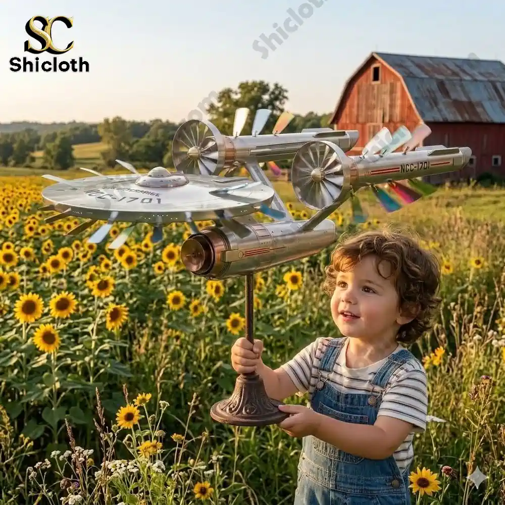 Child holding Star Trek Enterprise wind spinner in sunflower field