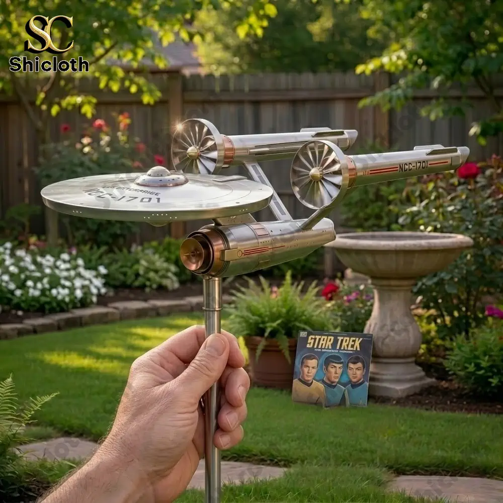 Hand holding Star Trek Enterprise wind spinner in garden setting