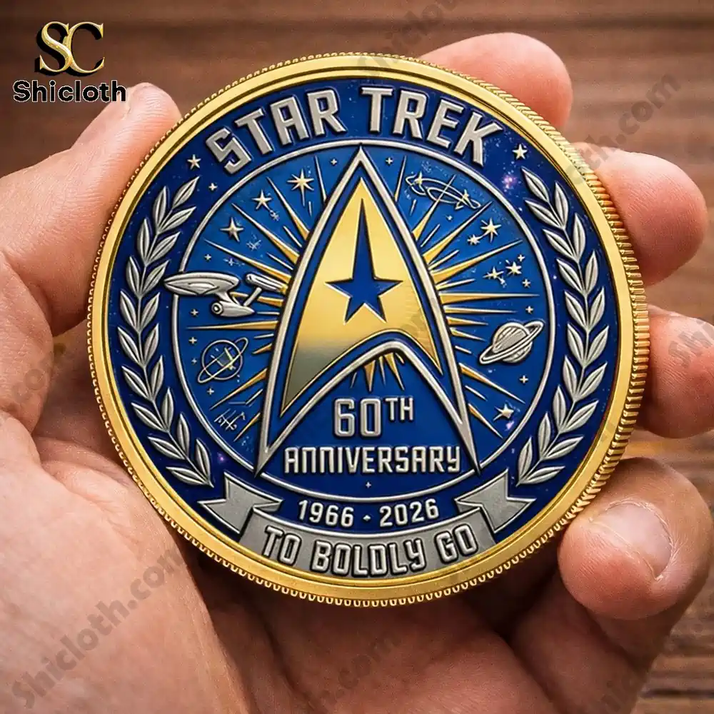 Star Trek anniversary collectible coin held in hand from Shicloth!