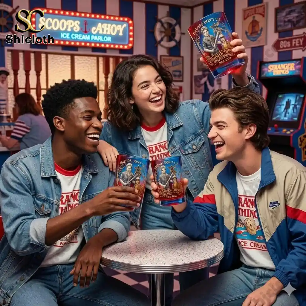 Three friends holding Stranger Things 10th Anniversary whiskey glasses at Scoops Ahoy ice cream parlor