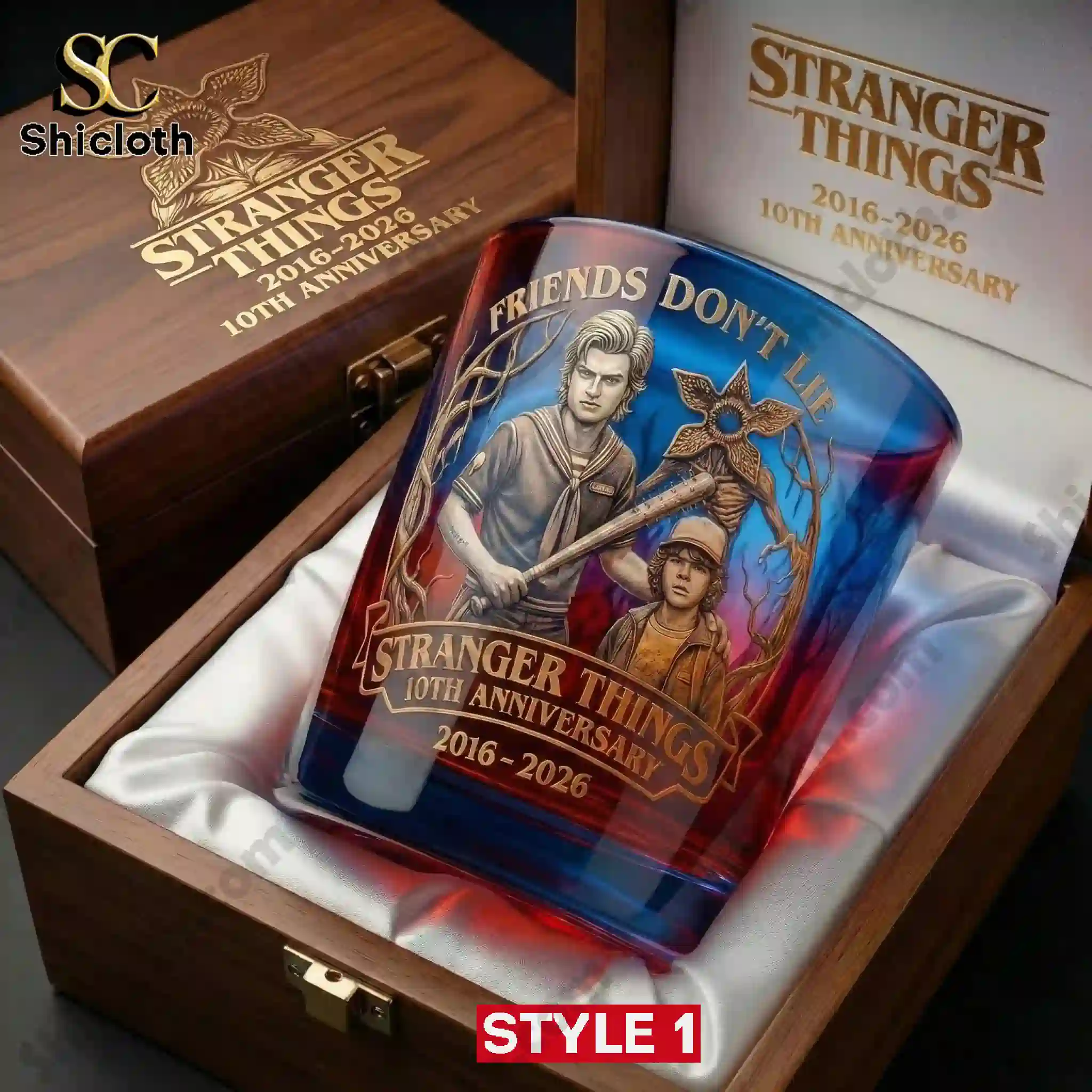Stranger Things 10th Anniversary whiskey glass Style 1 displayed in a wooden gift box