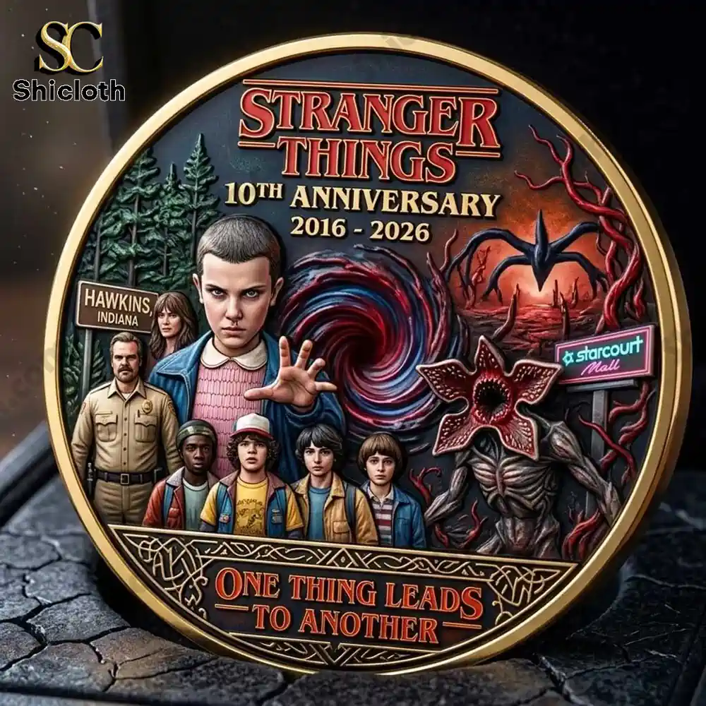 Stranger Things anniversary coin front design with heroes and monster by Shicloth!