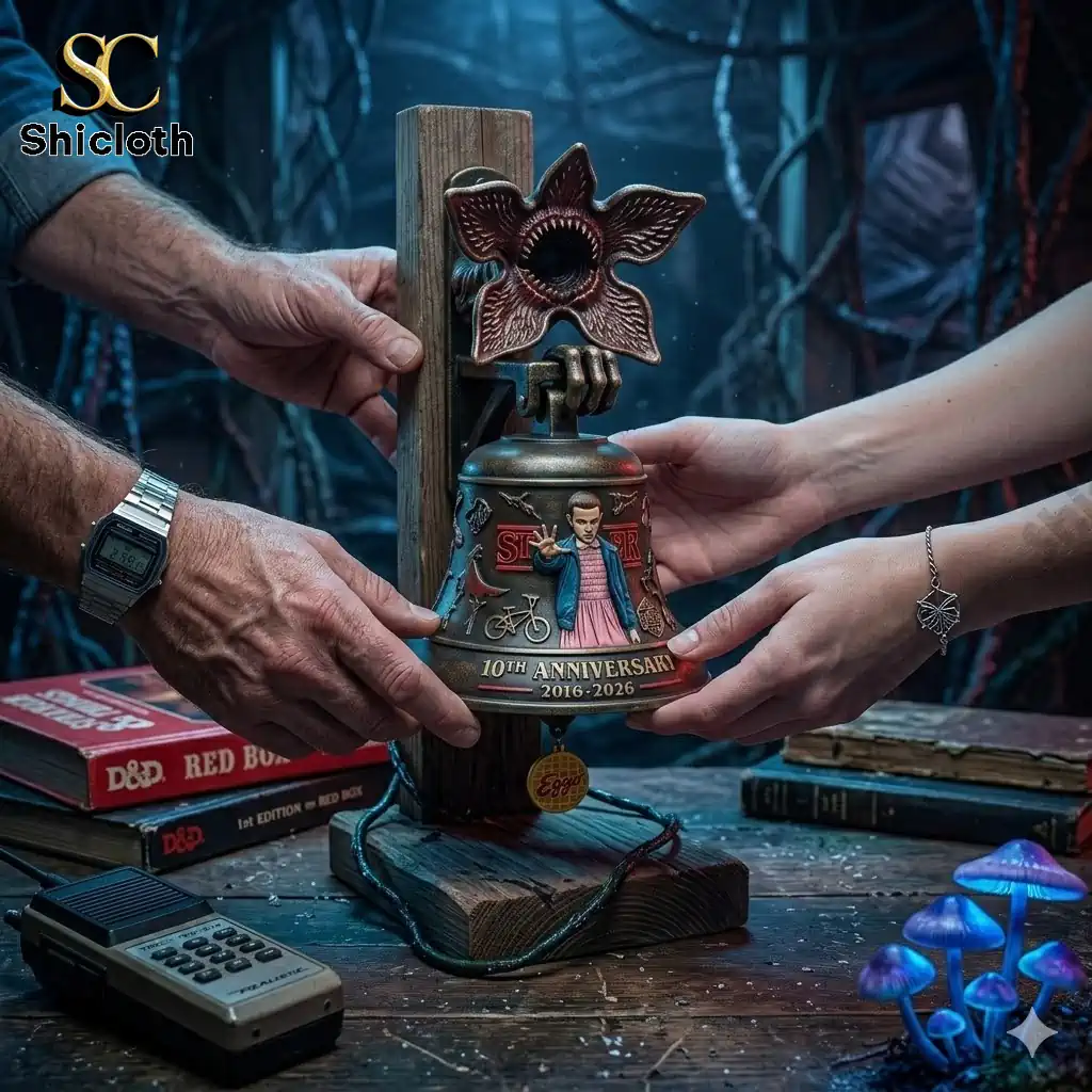 Stranger Things 10th Anniversary wall bell with Demogorgon and Eleven design by Shicloth