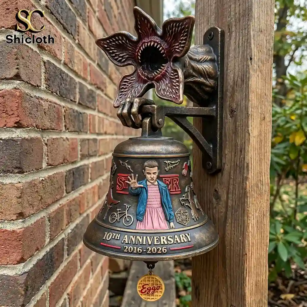 Stranger Things 10th Anniversary Demogorgon outdoor wall bell by Shicloth mounted on wooden post