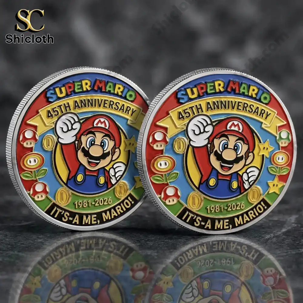 Colorful Mario anniversary collectible coin by Shicloth displayed on dark background!