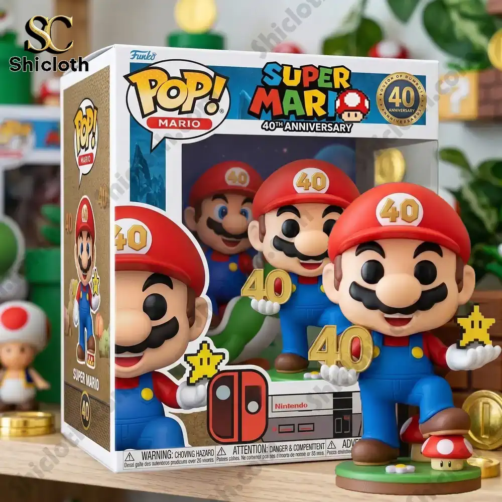 Mario anniversary figure holding forty with star in display box