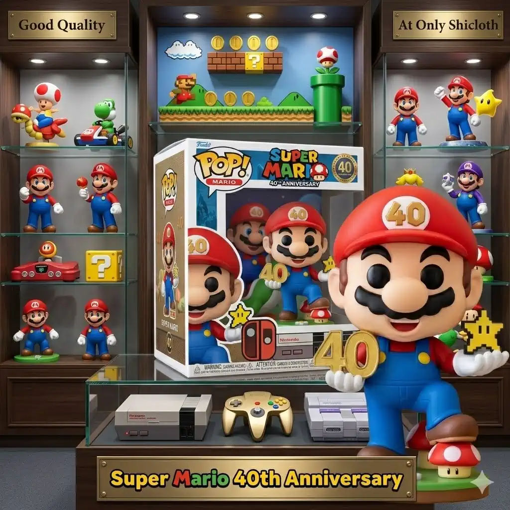 AC/DC 53rd Anniversary Commemorative Figure 93 Mario forty anniversary figure displayed with other Mario collectibles in store